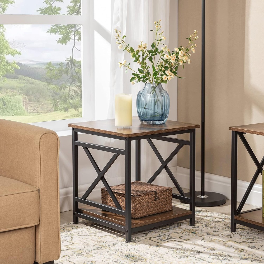 NEW Industrial End Table with 2-Tier Storage Shelf, 18'' Square Side Table wit