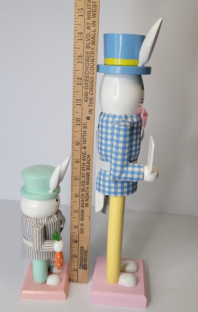 2 Easter Bunny Nutcrackers 8" & 14" Happy Easter Watering Can Carrot Decor