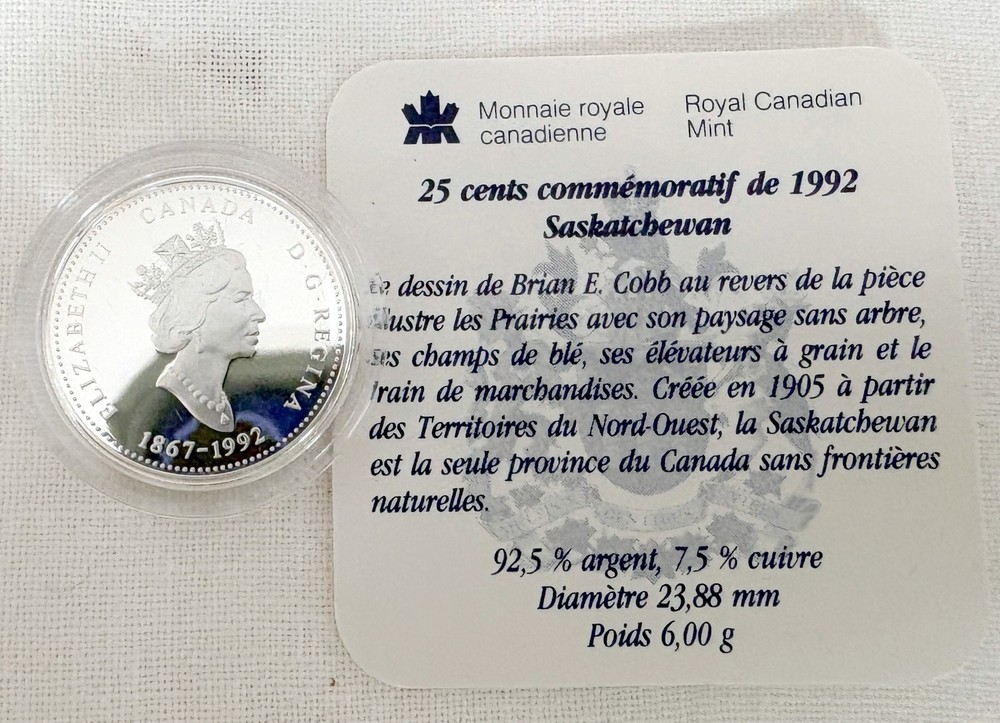 Canadian Confederation Commemorative Silver Quarter 1992 - Saskatchewan