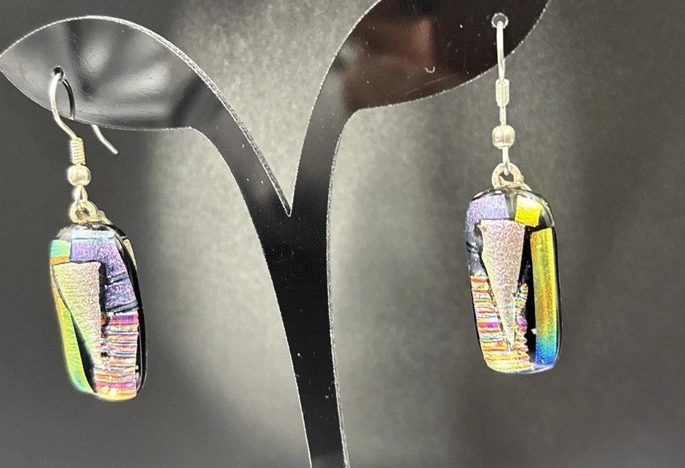 Multicoloured Fused Glass Earrings Dangle Drop Earrings