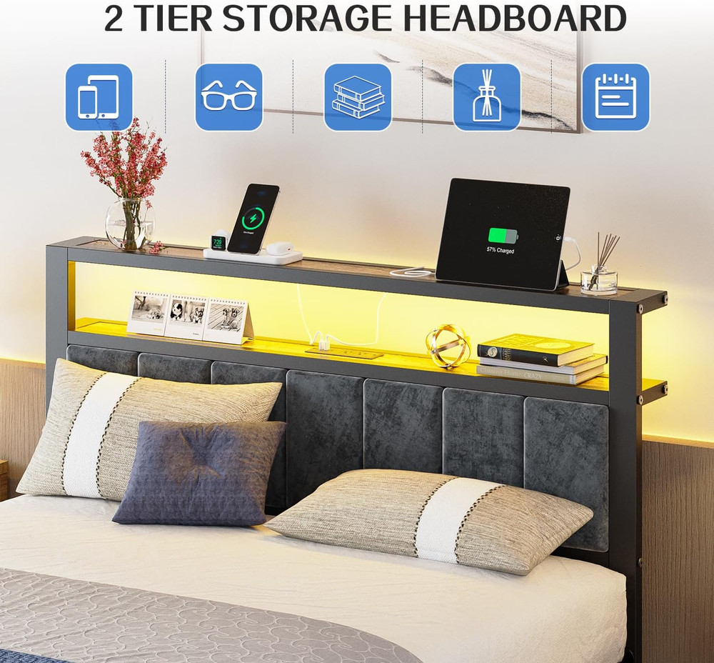 Full Size Platform Bed Frame with LED Lights, Charging Station, Grey Upholstered