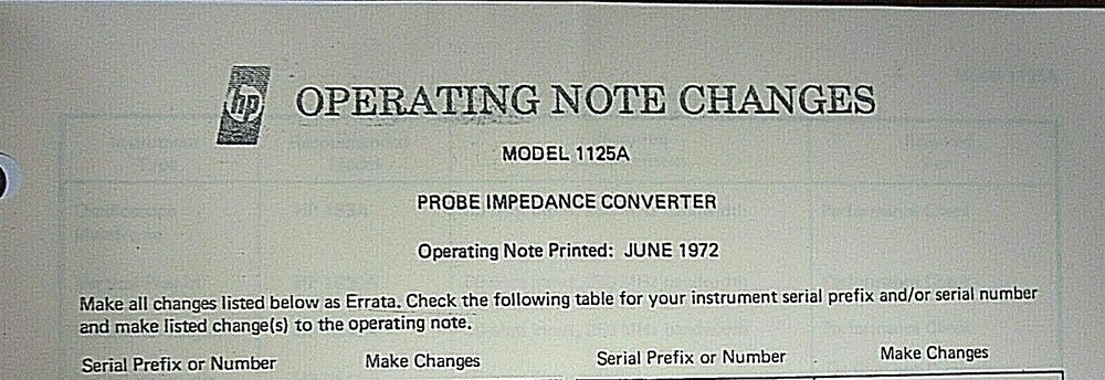 HP 1125A Impedance Converter Operating Note Manual