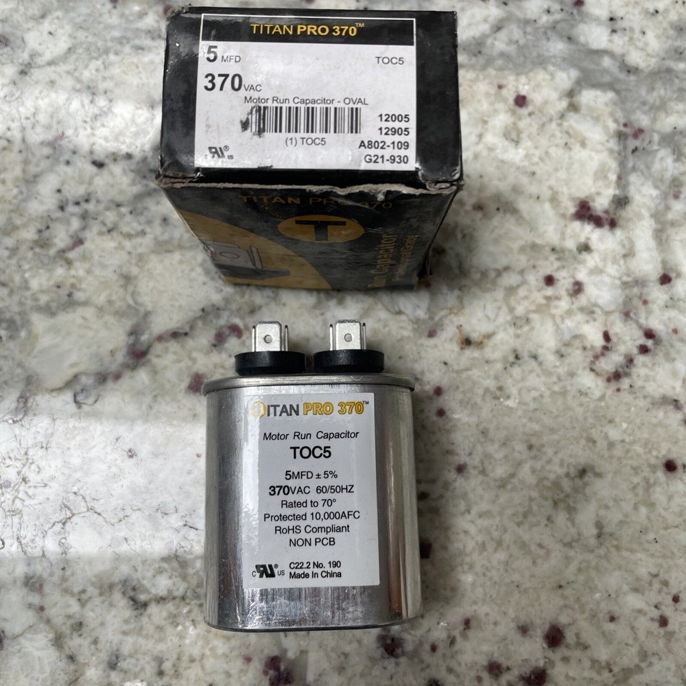 Packard Titan PRO TOC5 Motor Run Capacitor 5 MFD 370 Volt Oval