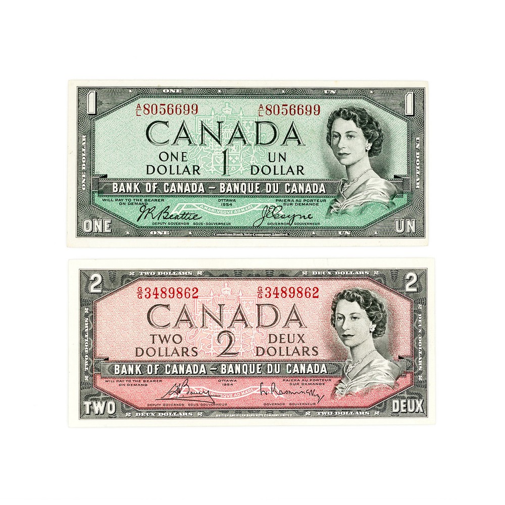 Set of 2 diff. Canada 1954 $1 vf, $2 f