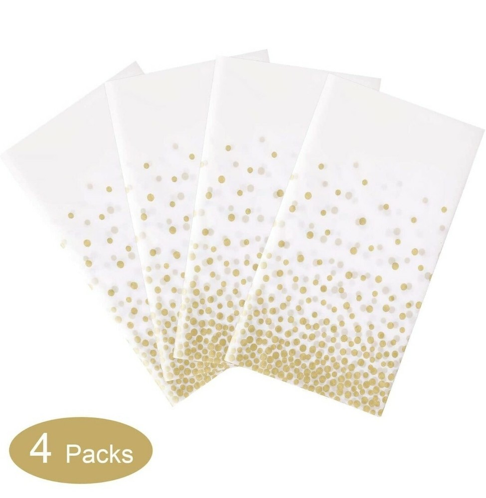 4 Pack White and Gold Tablecloth for Rectangle Tables, Plastic Disposable Covers