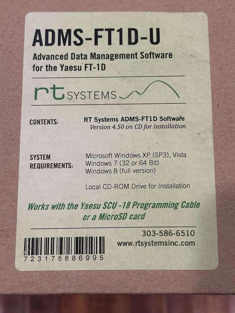 Yaesu FT-1D RT Systems ADMS-FT1D-U Version 4.5 Data Management CD Disc Software