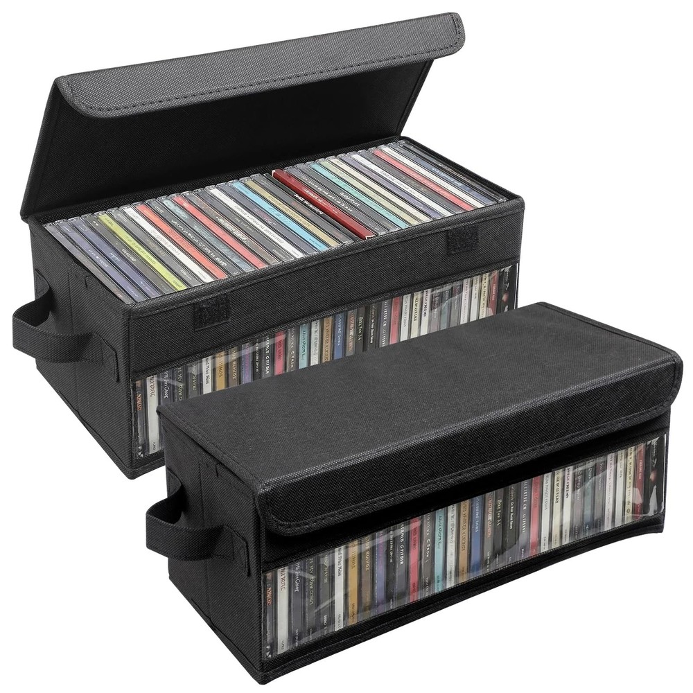 2 Pack CD Storage Box Case Holder w/ Handles and Lid, Stackable CD Organizer Box