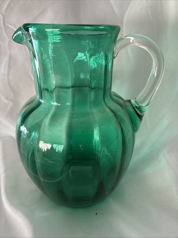 Vintage hand blown emerald green clear attached handle melon shape pitcher 6”