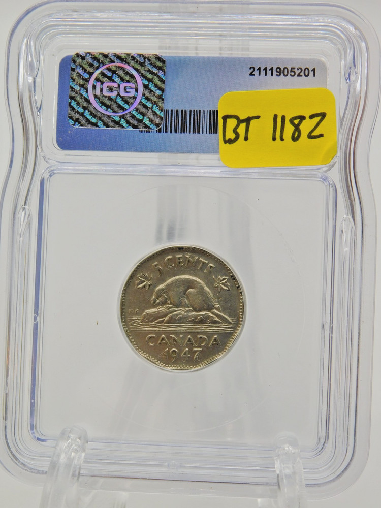 1947 CANADA FIVE CENT ICG AU50 Dot (BT1182)