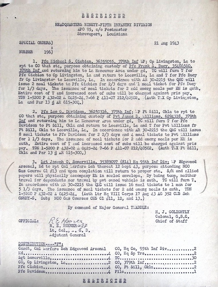 WWII US Army 95th Infantry Division Special Orders 1943 Restricted Document