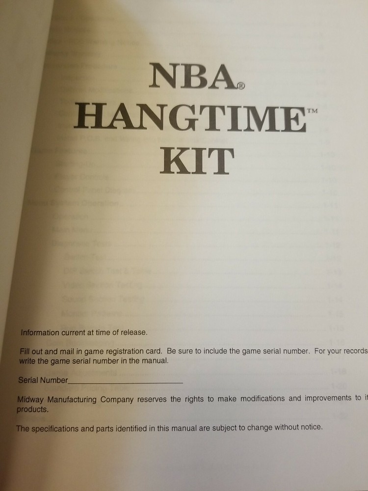 NBA JAM HANGTIME KIT arcade video game manual