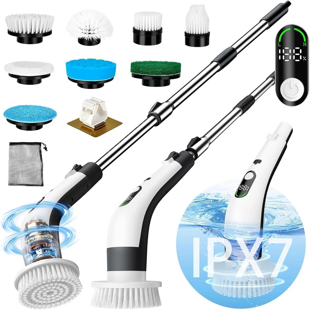 Adjustable Long-Handle Electric Spin Scrubber - Waterproof 8 in 1 Cleaning Brush