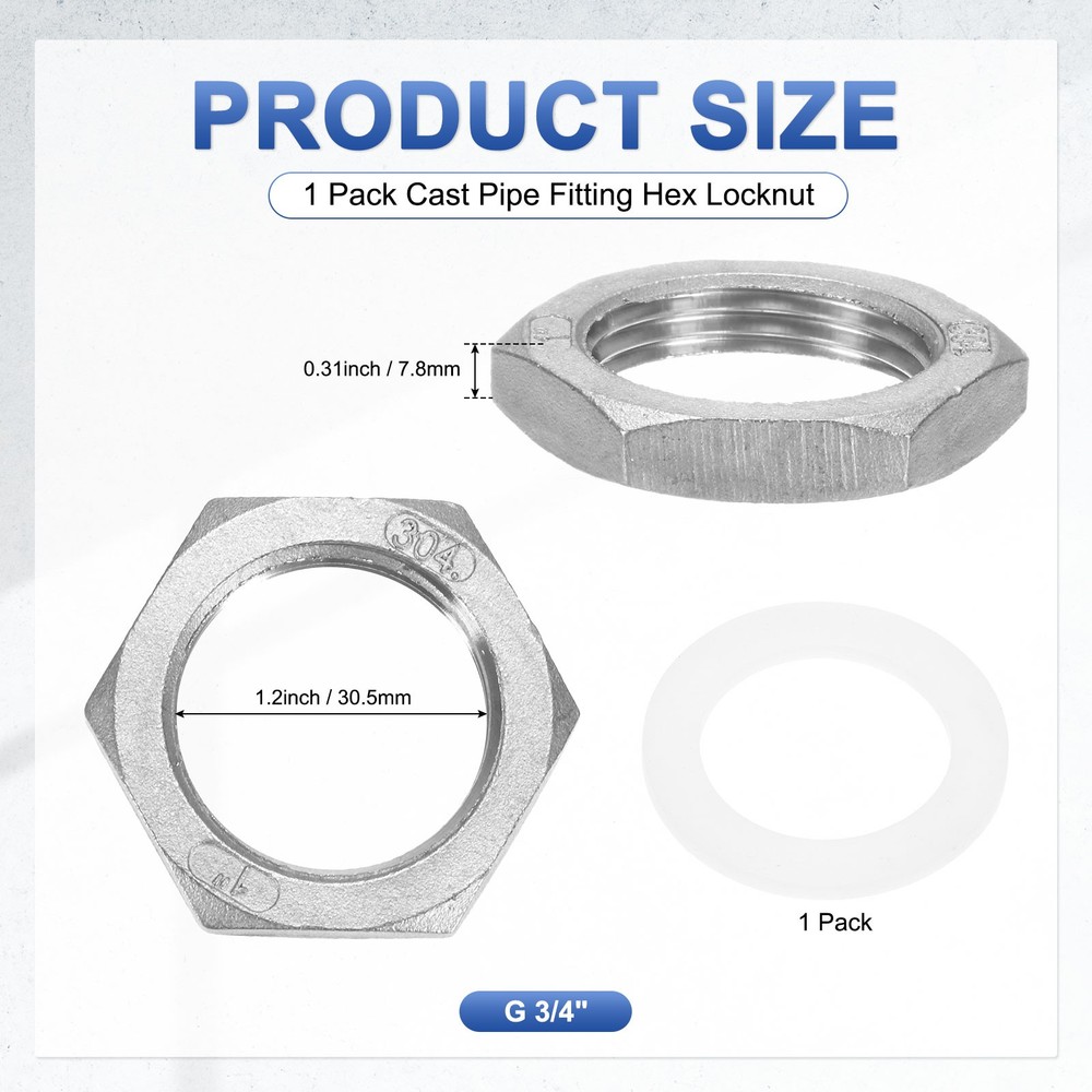 304 Stainless Steel G 1" Pipe Fitting Hex Locknuts with Washer