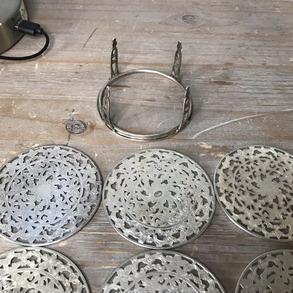 Complete Set, 12 Webster Sterling silver on Glass 3" Coasters with Holder