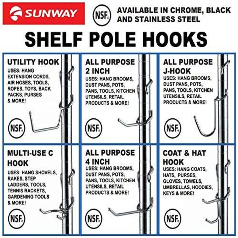 Sunway Tools Shelf Pole Hooks 5-Pack | J-Hook Chrome | 5-Pack: J-Hook,