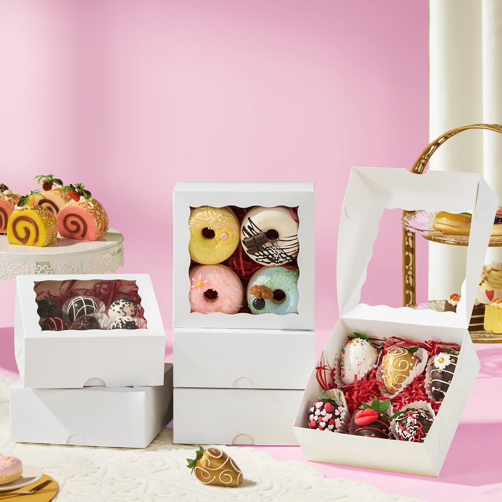 55 Pack 6"x6"x2.5" White Bakery Boxes with Window Cookie Boxes Small Cake Box...
