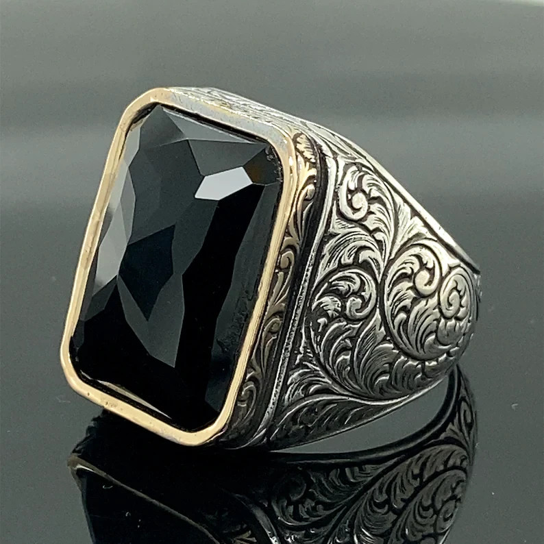 Men Onyx Black Stone Ring Solid 925 Sterling Silver Ottoman Handmade Gift