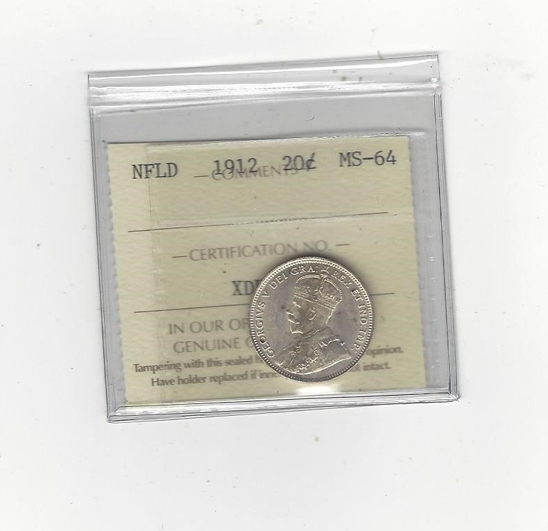 1912  ICCS Graded Newfoundland, Twenty Cent, **MS-64**