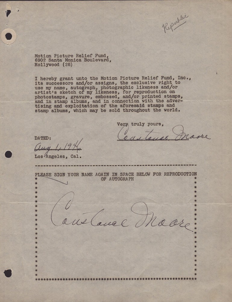 CONSTANCE MOORE - DOCUMENT DOUBLE SIGNED 08/01/1946