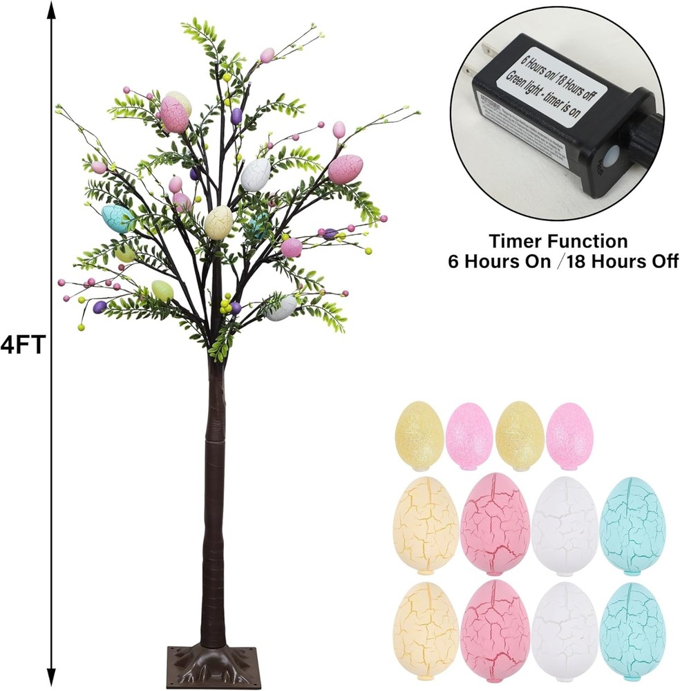 4FT Lighted Easter Tree with Timer, Pre-Lit Artificial Egg Trees with Co