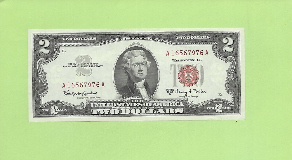 1963A ..UNCIRC $2  RED SEAL U.S. NOTE  A 1656 7976 A .... 1963A $2  A-A