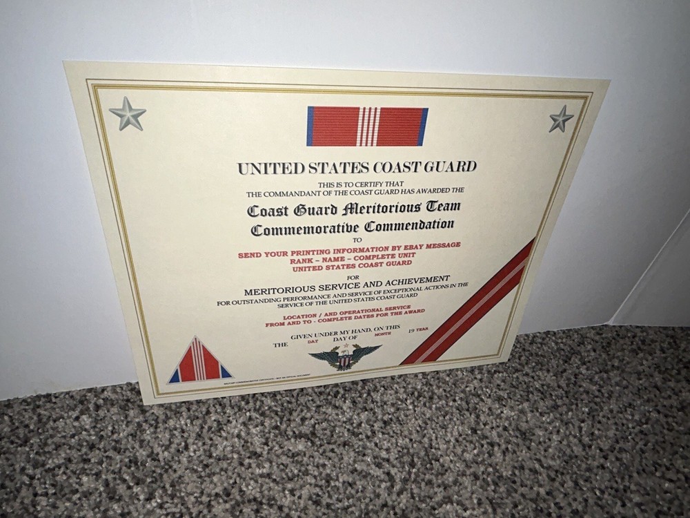 USCG MERITORIOUS TEAM COMMEMORATIVE COMMENDATION CERTIFICATE~W/PRINTING T-1