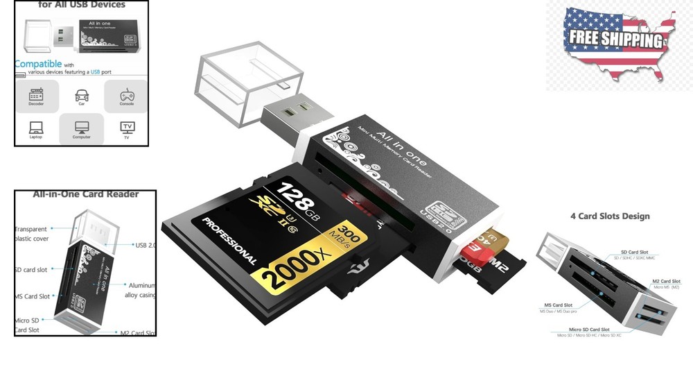 Durable 4-Slots Micro SD Card Reader - Compact USB Adapter for All Devices