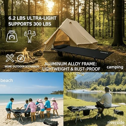 Camping Cot for Adults, Height Adjustable Sleeping Cot, Supports 300 lbs, Black