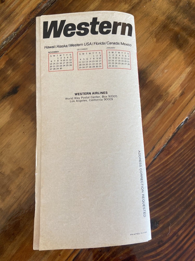 VTG Western Airlines Oct 1977 - January 1978 Timetable Quick Reference
