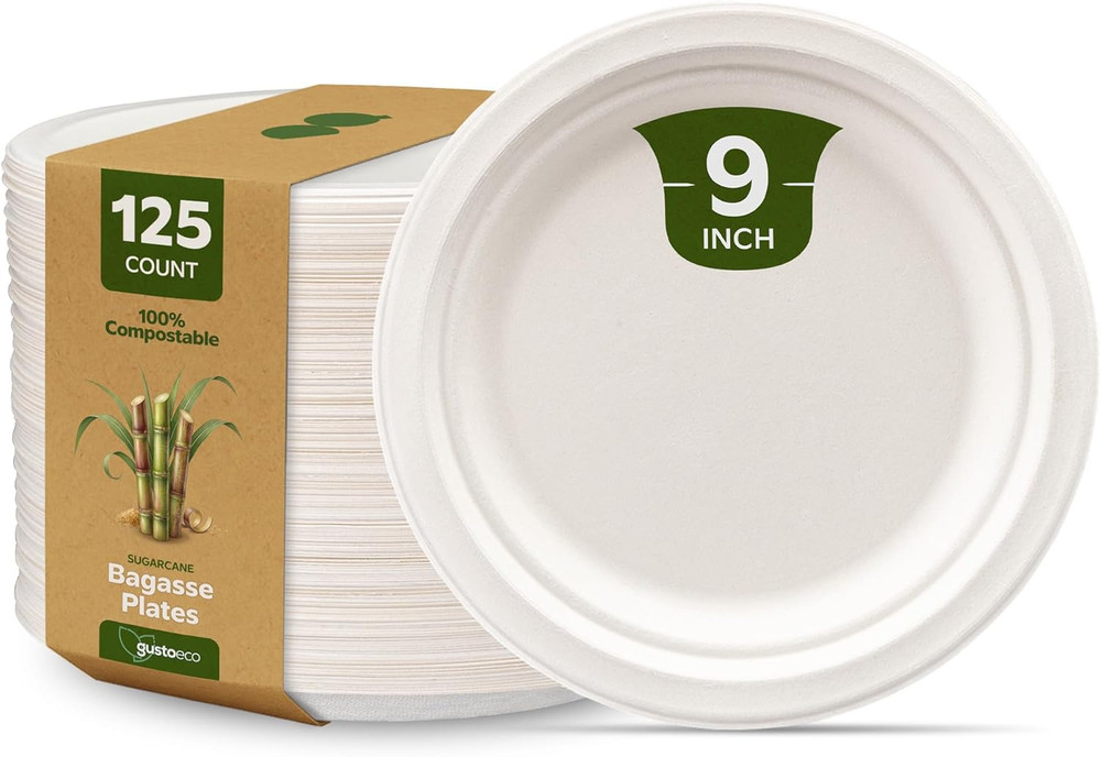 100% Compostable Sugarcane Paper Plates, Heavy Duty, Eco-Friendly, Biodegradable