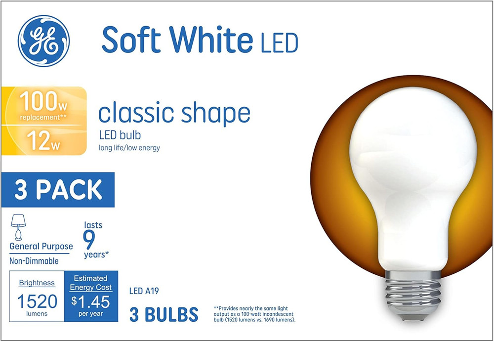 GE LED Light Bulbs, 100 Watt, Soft White, A19 3 Count (Pack of 1)
