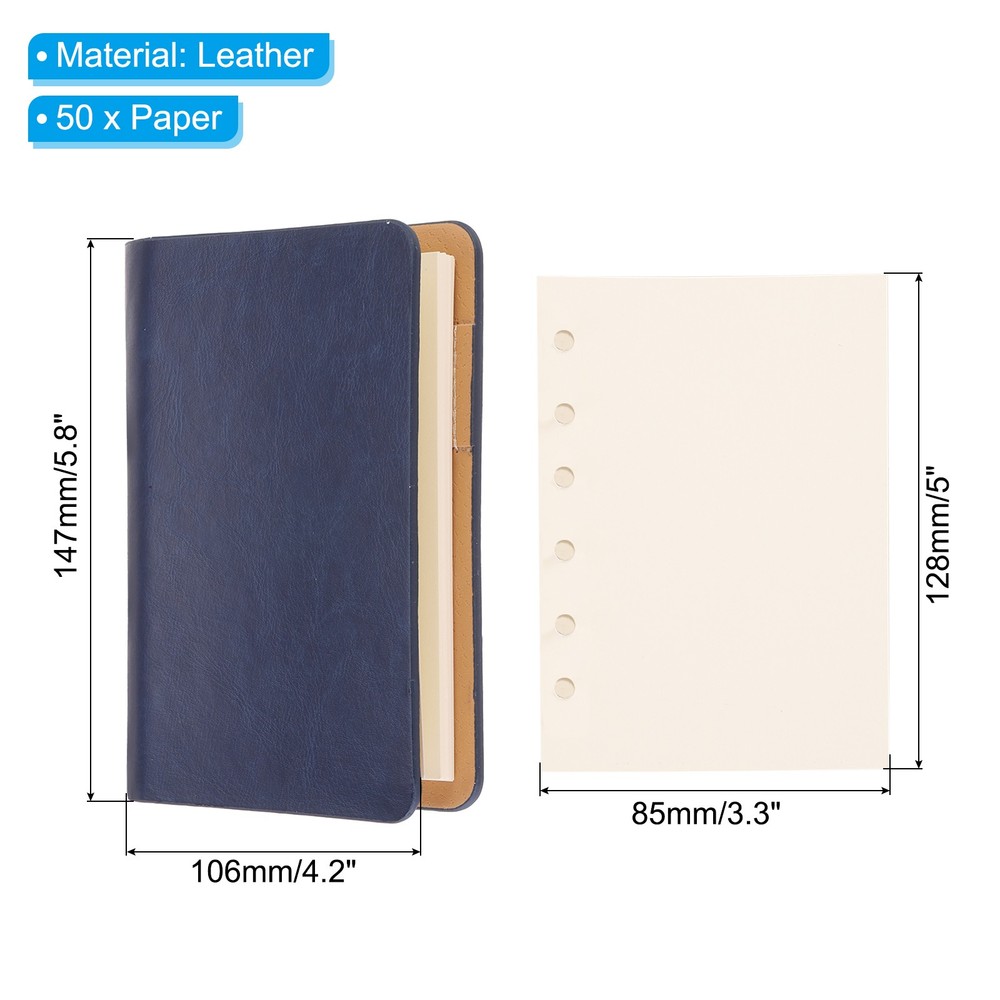 6 Ring Binder Cover A7 Leather Notebook Binder with 50 Sheets Paper, Blue