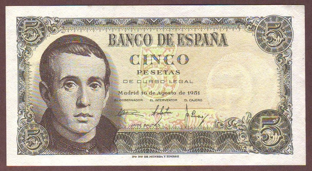 SPAIN  5 Pesetas 1951     AU-UNC