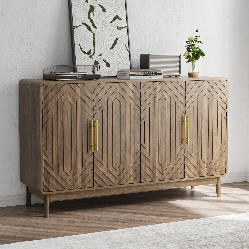 Sideboard with carved doors, storage compartments, and adjustable shelves