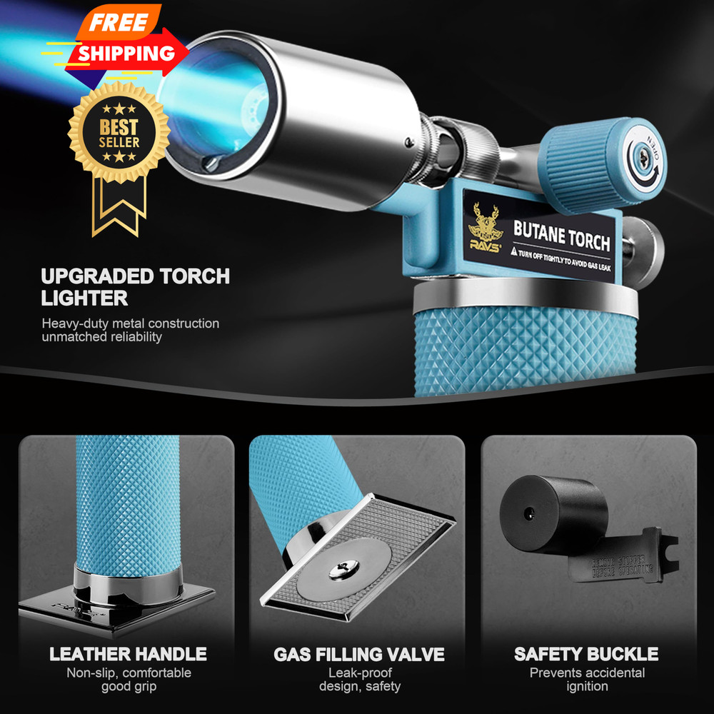 RAVS Butane Torch Lighter, Refillable Kitchen with Glacier Blue