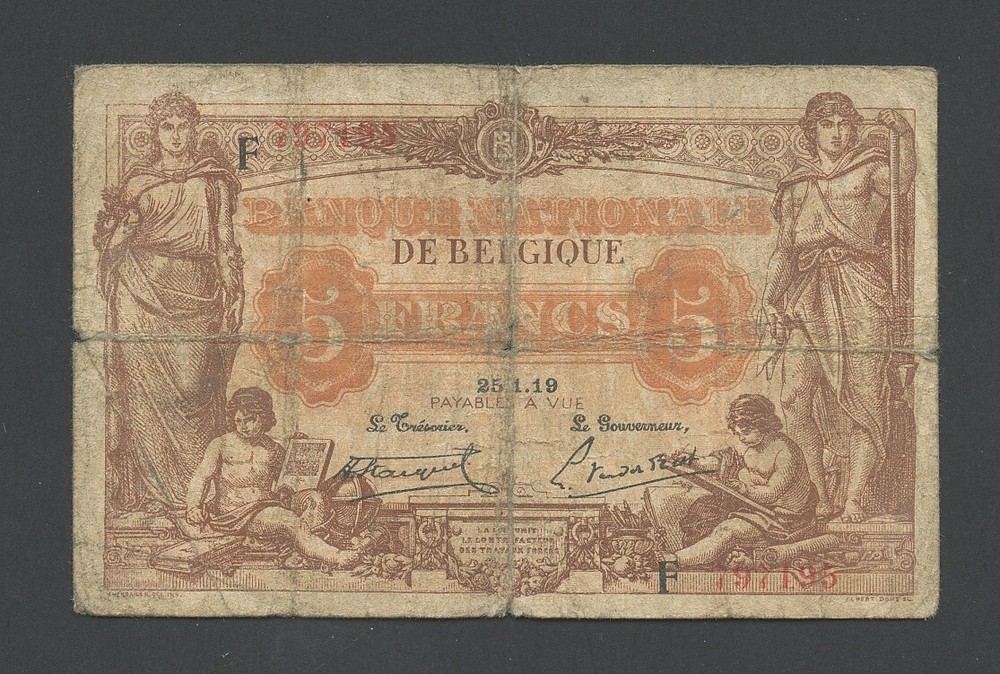 BELGIUM 5 francs 1919 Krause 74b VG Banknotes