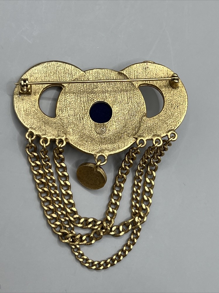 Navy Blue Interlocking Circles Brooch Pin Gold Tone Chains