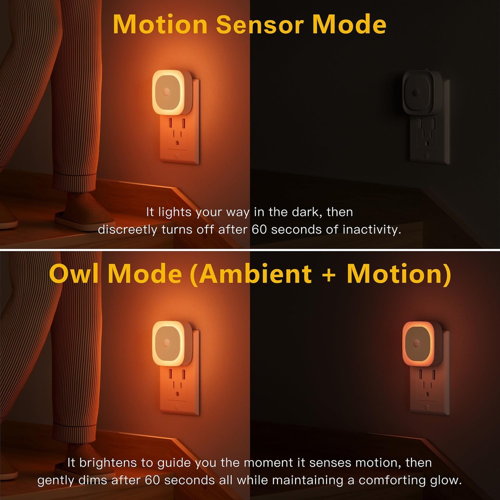 2 Pack Plug in Night Light with Motion Sensor & Dusk to Dawn Sensor, 3 Sensor...