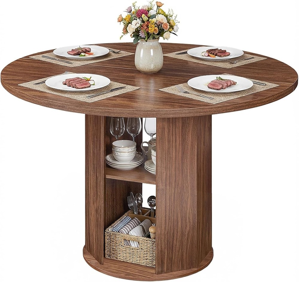 43.3" Round Dining Table W/ Storage Shelf 4 Circle Kitchen Dinner Table W/ Thick