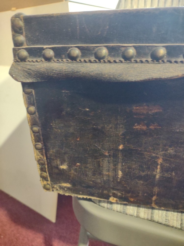 1820s Pre War Boston Robert Burr BLACK LEATHER w BRASS STUDS TRUNK Document BOX