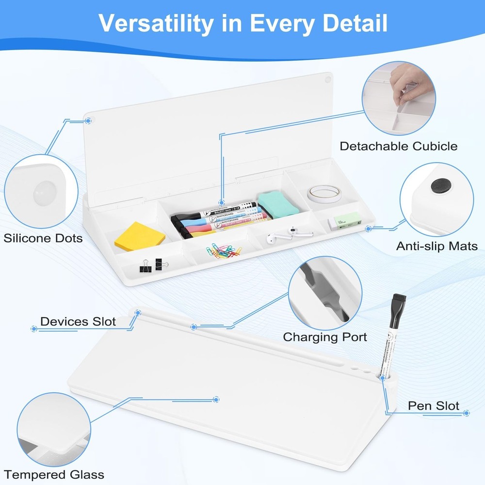 Desktop Glass Whiteboard with Storage, Desk White Board with Computer Keyboar...