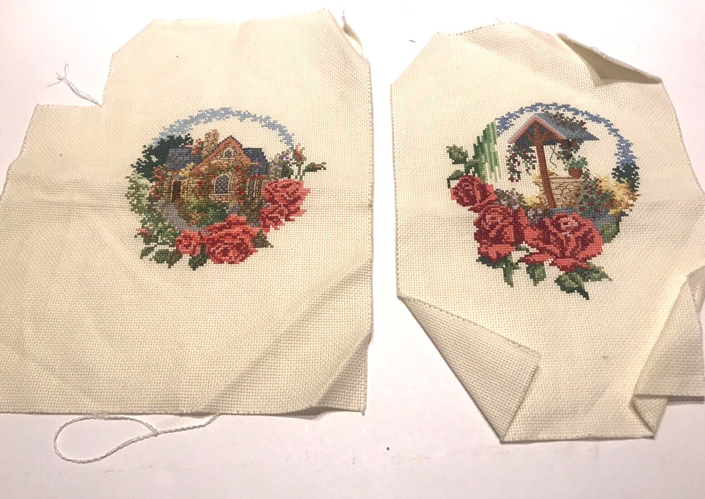 2 Vintage Handmade Stitched Needlepoint Canvas