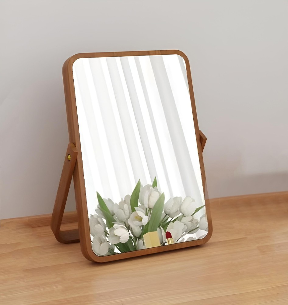 Wooden Desktop Makeup Mirror, Rectangular Tabletop Vanity Mirror with 360° Ro...