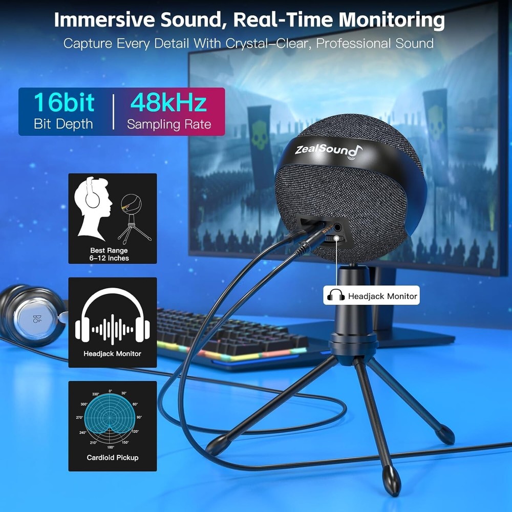 ZealSound Microphone for iPhone,USB mic for PC gaming, Mute Active Noise Cancel