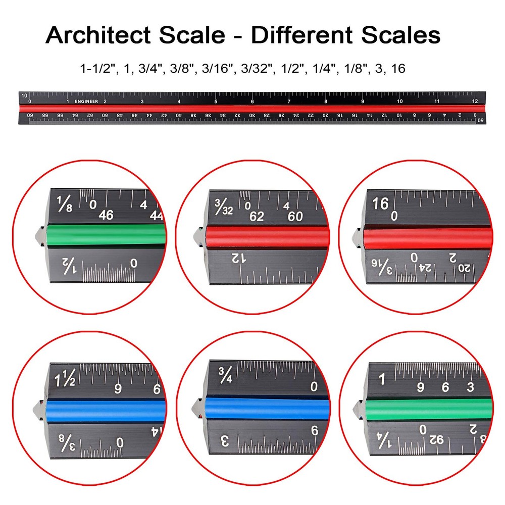 OwnMy 3 Pack 12 Inch Solid Aluminum Triangular Architect Scale Ruler Black