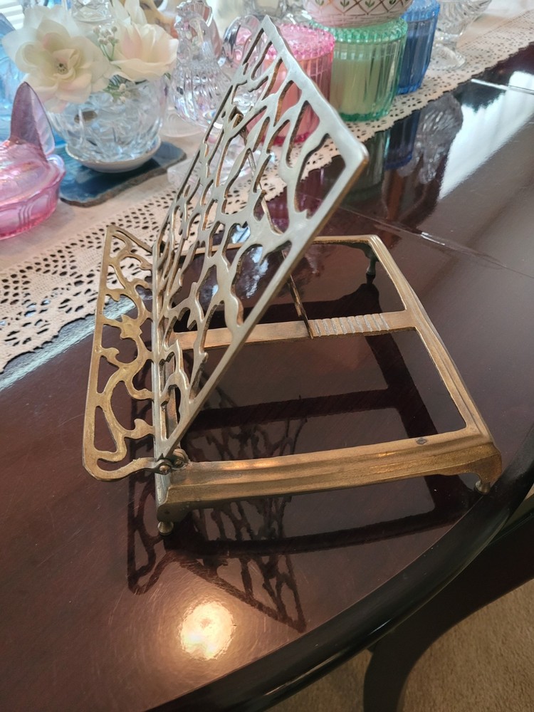 Vintage Ornate Brass Metal Book Stand, Adjustable & Foldable, Rectangular, 9"