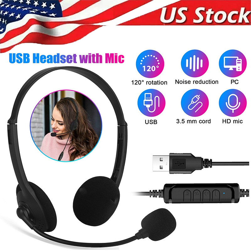 USB Headset Headphone With Microphone Noise Cancelling For PC Computer Call Chat