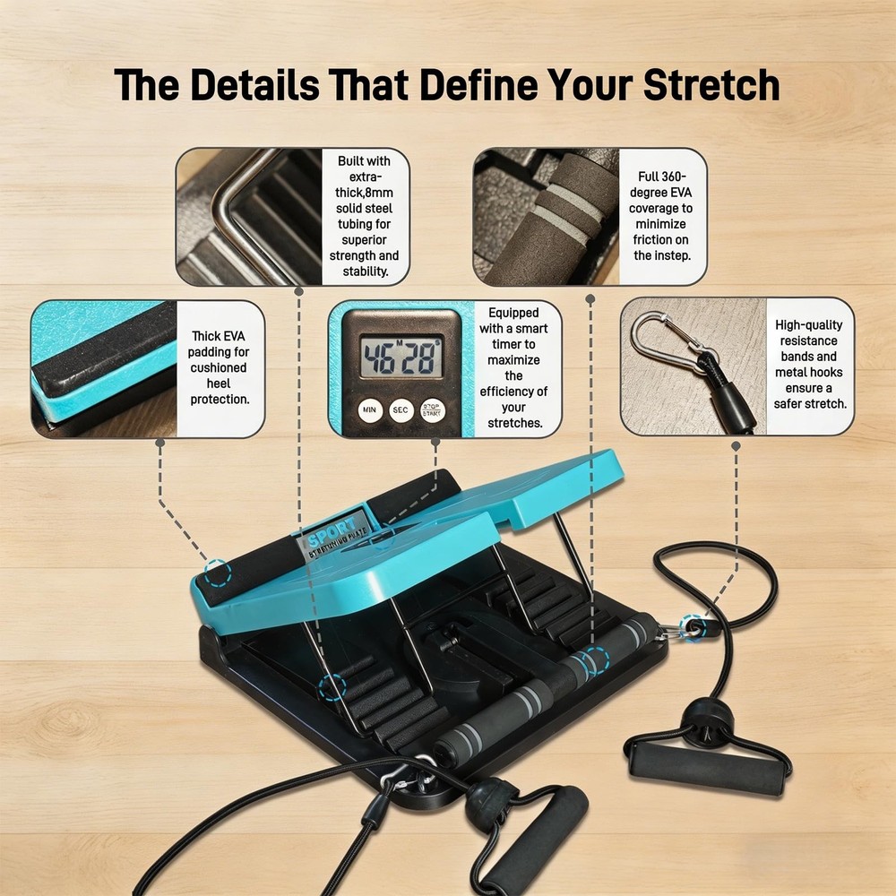 Calf Stretch Board with Timer & Resistance Bands, 6-Level Adjustable Slant Bo...