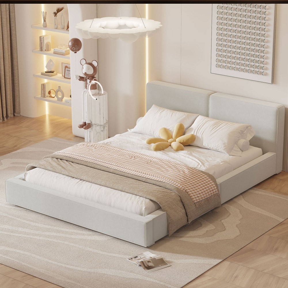 Queen Size Upholstered Platform Bed with Velvet Fabric, Grounded Bed