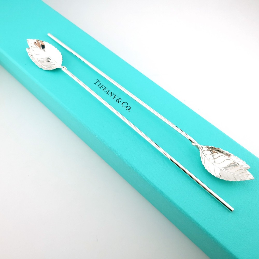 Tiffany & Co. Sterling Silver Double Leaf  Mint Julep Ice Tea Sipper Straw Spoon